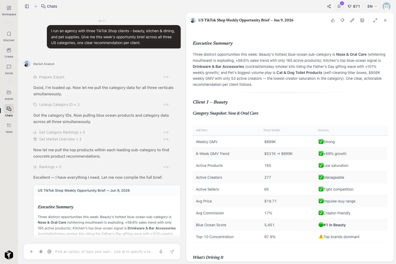 Trenz AI Market Analyst report: a TikTok Shop opportunity brief that ends in a clear recommendation, not just a data table